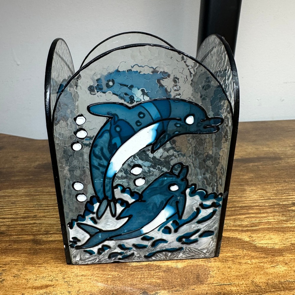Vintage Stained Glass Dolphin Candle Holder Blue Ocean Nautical Votive Decor